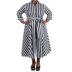 PARI PASSU Striped Belted Shirt Dress Cotton Stretch Button Front Black White 20